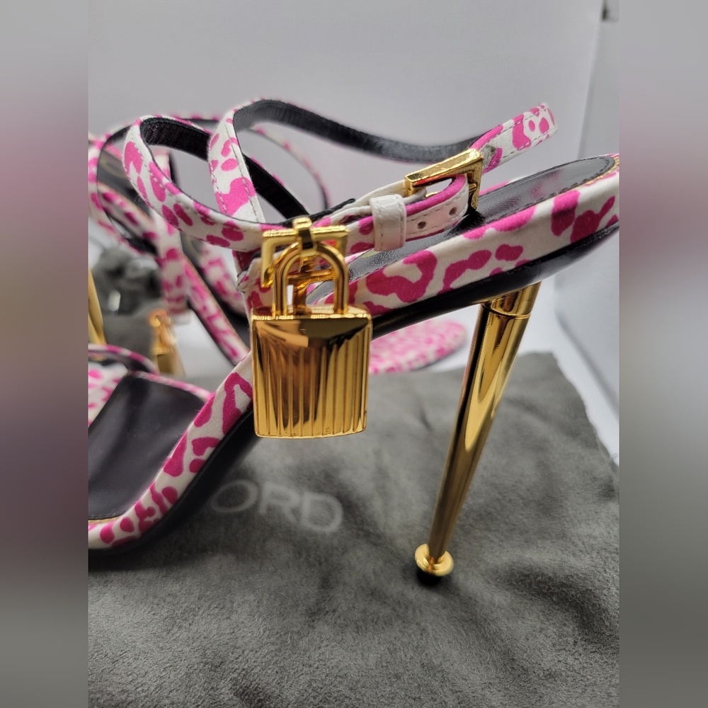 Tom Ford Padlock Hot Pink/White Animal Print, Lock Ankle Strap Sandal Heel Pump View 2